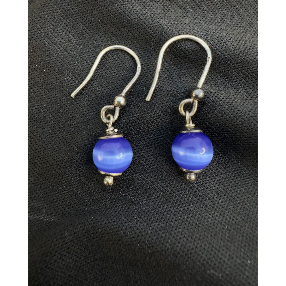 Sterling Silver Blue Cats Eye Dangle Earrings